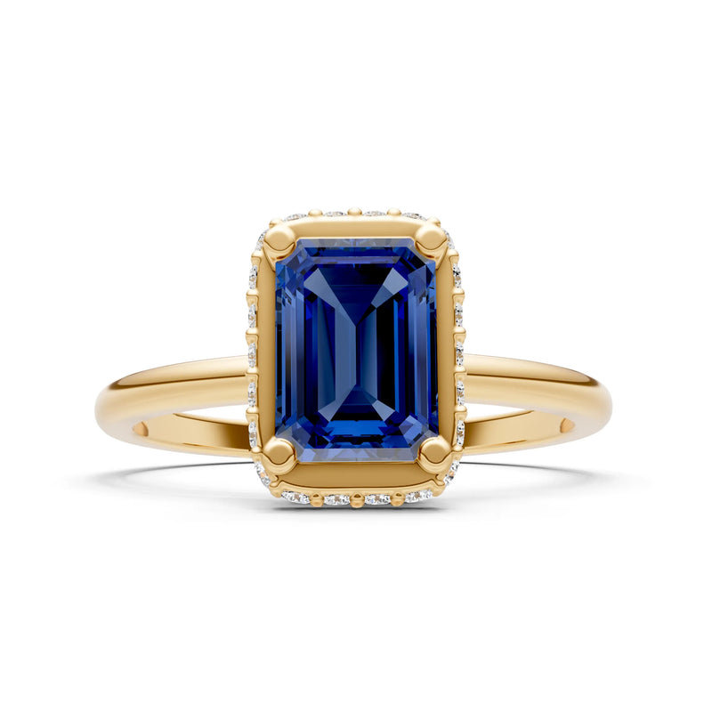Blue Sapphire Emerald Hidden Double Halo Engagement Ring
