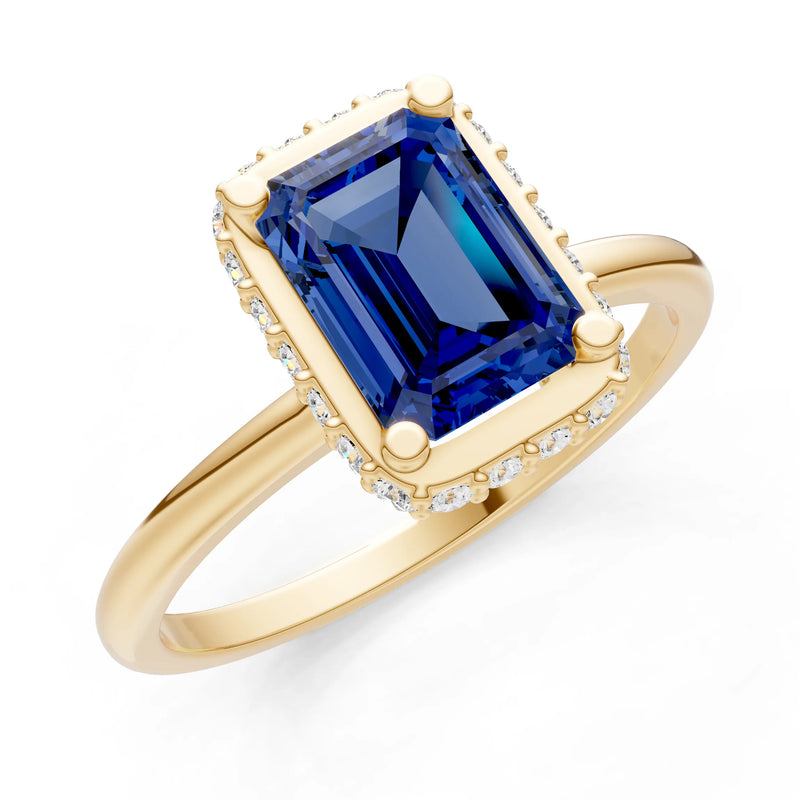 Blue Sapphire Emerald Hidden Double Halo Engagement Ring
