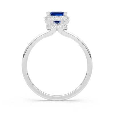 Blue Sapphire Emerald Hidden Double Halo Engagement Ring