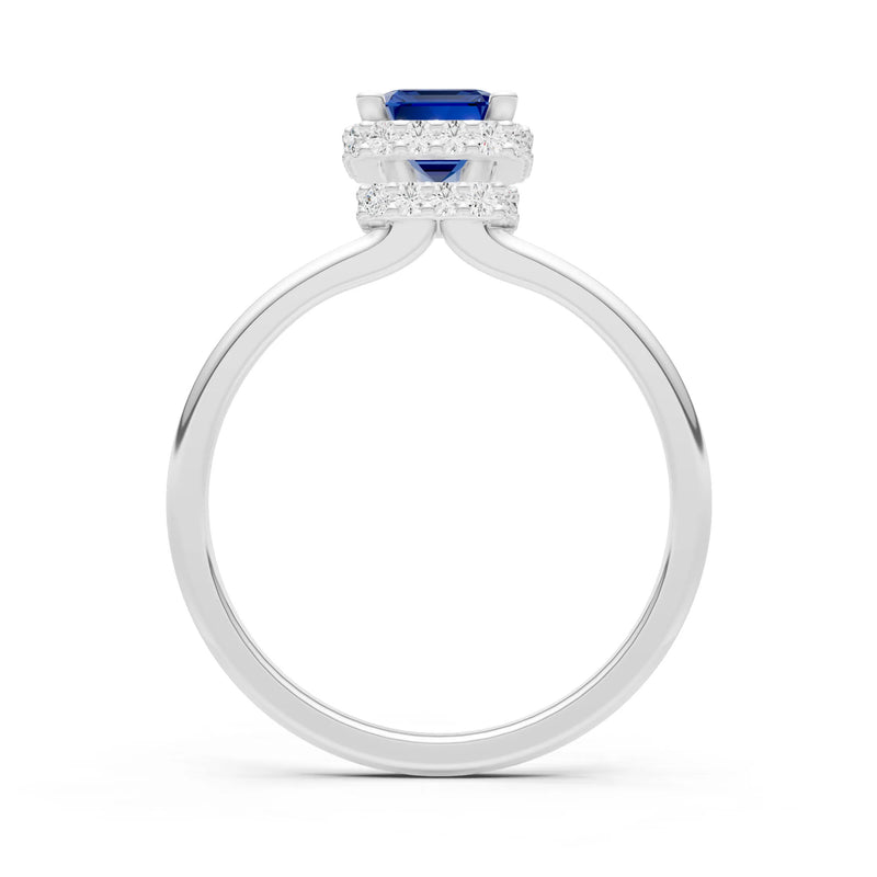 Blue Sapphire Emerald Hidden Double Halo Engagement Ring