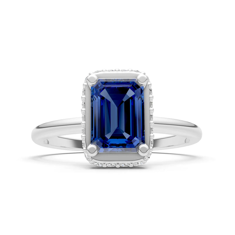 Blue Sapphire Emerald Hidden Double Halo Engagement Ring