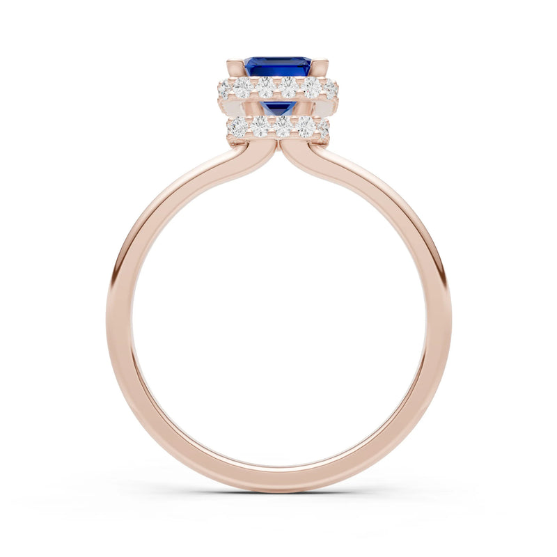 Blue Sapphire Emerald Hidden Double Halo Engagement Ring