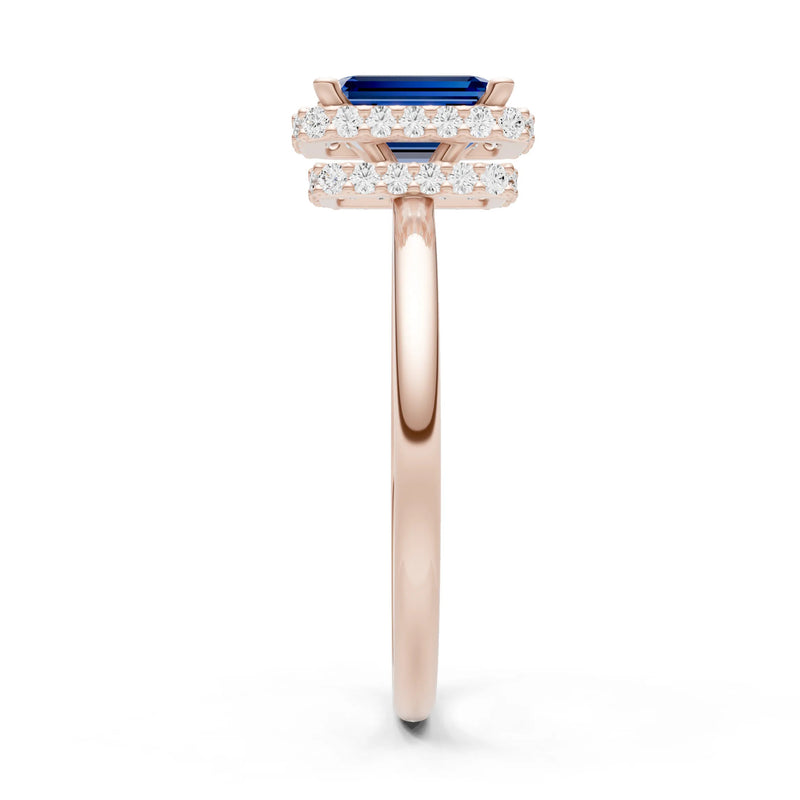 Blue Sapphire Emerald Hidden Double Halo Engagement Ring