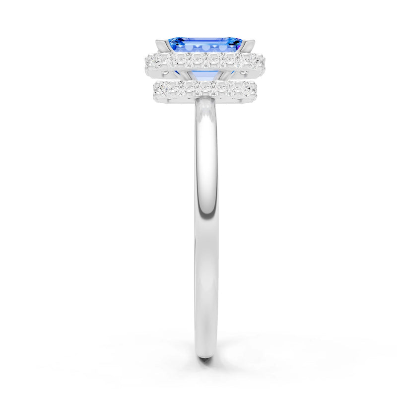 Swiss Blue Topaz Emerald Hidden Double Halo Engagement Ring