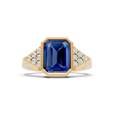 Blue Sapphire Vintage Inspired Bezel Set Emerald Cut Cocktail Ring