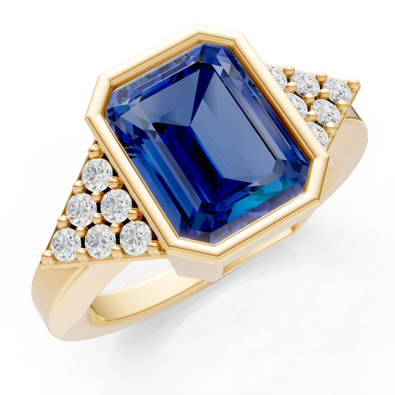 Blue Sapphire Vintage Inspired Bezel Set Emerald Cut Cocktail Ring