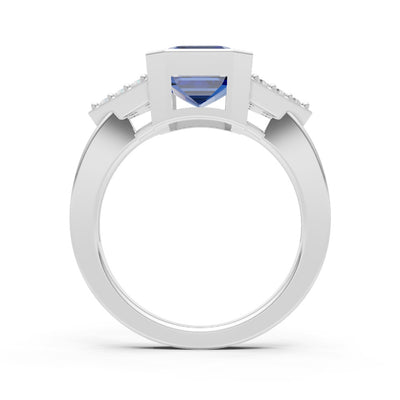 Blue Sapphire Vintage Inspired Bezel Set Emerald Cut Cocktail Ring