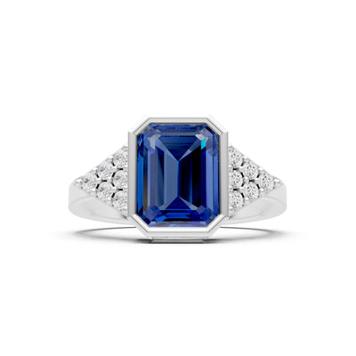Blue Sapphire Vintage Inspired Bezel Set Emerald Cut Cocktail Ring
