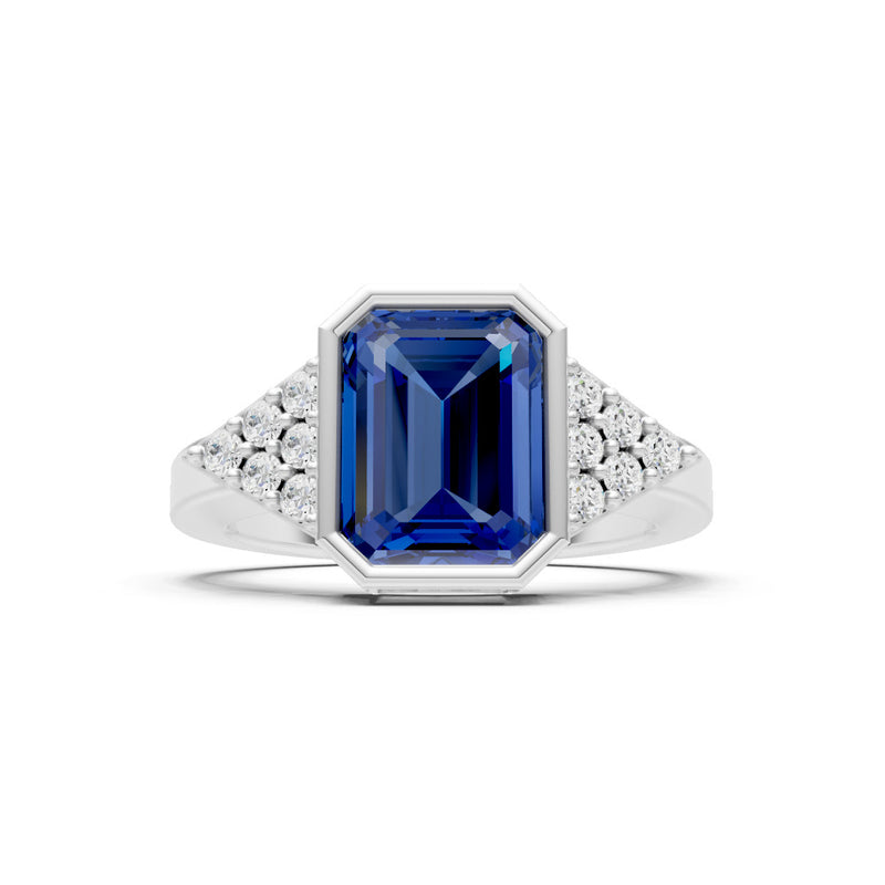 Blue Sapphire Vintage Inspired Bezel Set Emerald Cut Cocktail Ring