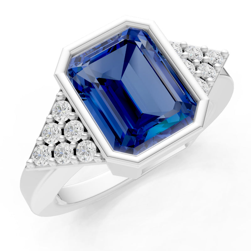 Blue Sapphire Vintage Inspired Bezel Set Emerald Cut Cocktail Ring