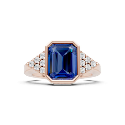 Blue Sapphire Vintage Inspired Bezel Set Emerald Cut Cocktail Ring