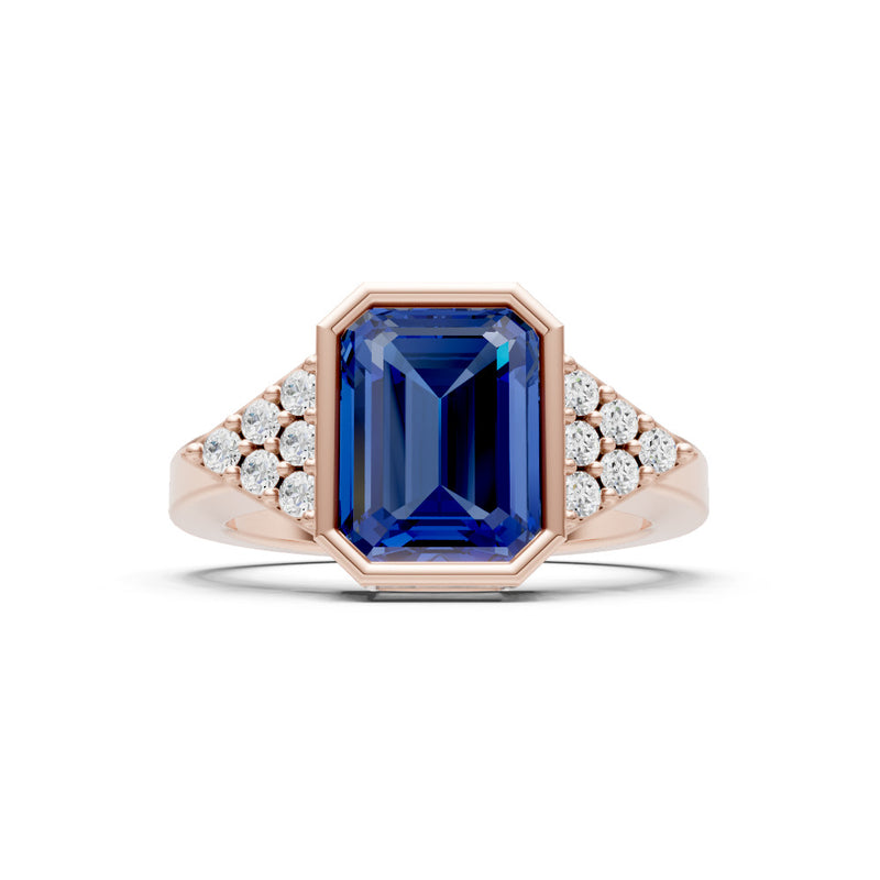 Blue Sapphire Vintage Inspired Bezel Set Emerald Cut Cocktail Ring
