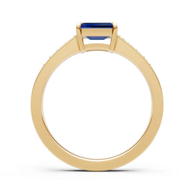 Blue Sapphire East West Emerald Cut Gemstone Ring with Accents