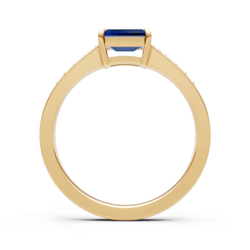 Blue Sapphire East West Emerald Cut Gemstone Ring with Accents
