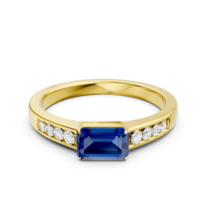 Blue Sapphire East West Emerald Cut Gemstone Ring with Accents