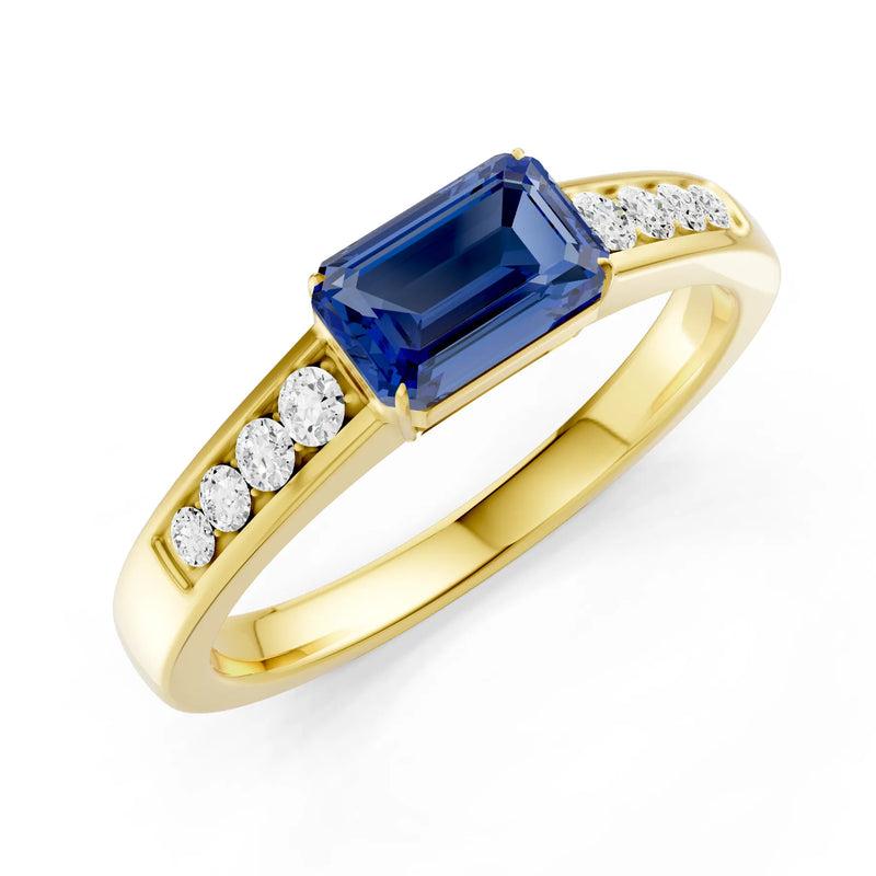 Blue Sapphire East West Emerald Cut Gemstone Ring with Accents