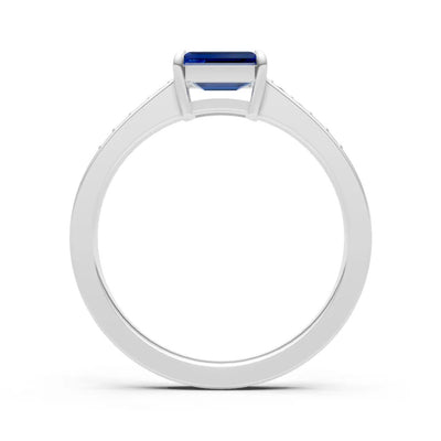 Blue Sapphire East West Emerald Cut Gemstone Ring with Accents