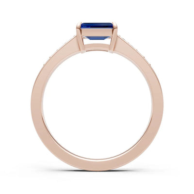 Blue Sapphire East West Emerald Cut Gemstone Ring with Accents