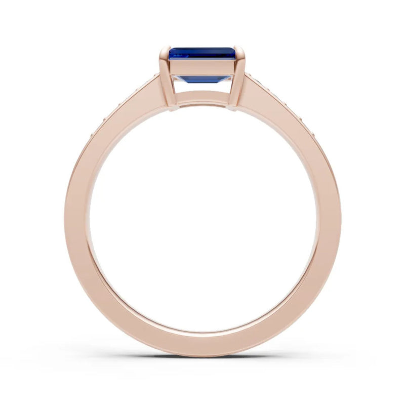 Blue Sapphire East West Emerald Cut Gemstone Ring with Accents