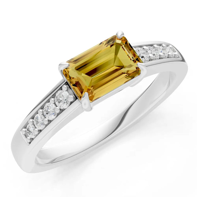 Citrine East West Emerald Cut Gemstone Ring with Accents
