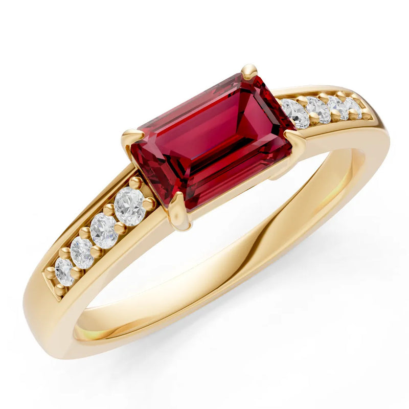 Garnet East West Emerald Cut Gemstone Ring with Accents