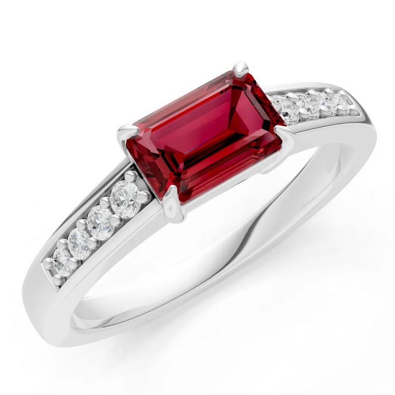 Garnet East West Emerald Cut Gemstone Ring with Accents