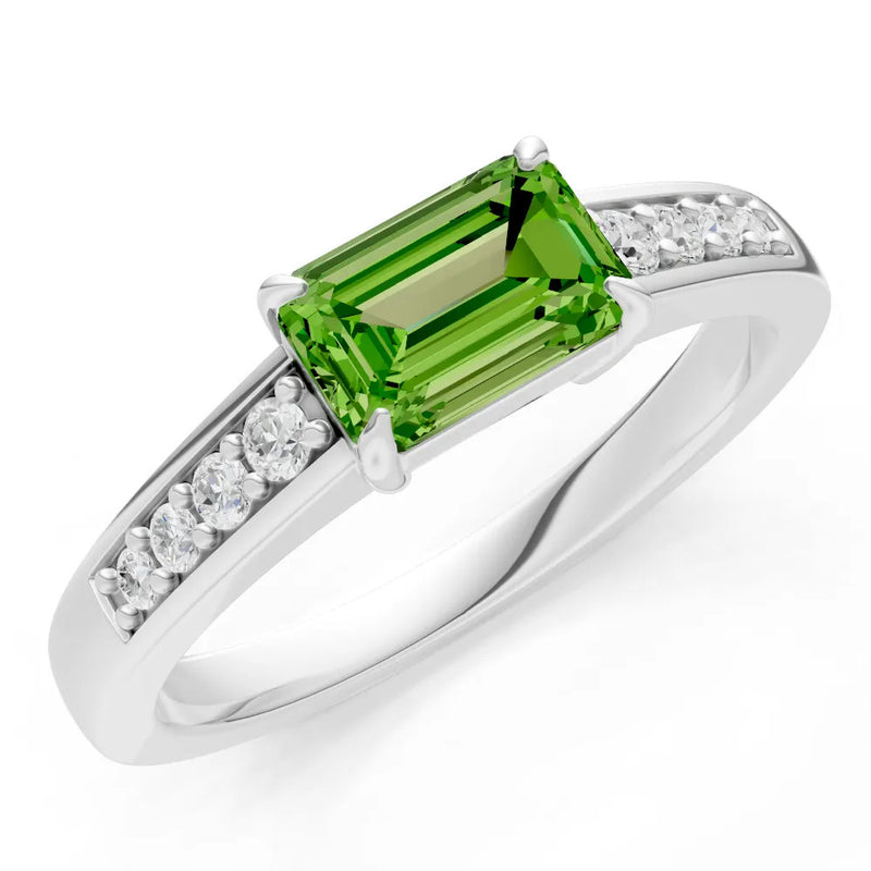 Peridot East West Emerald Cut Gemstone Ring with Accents