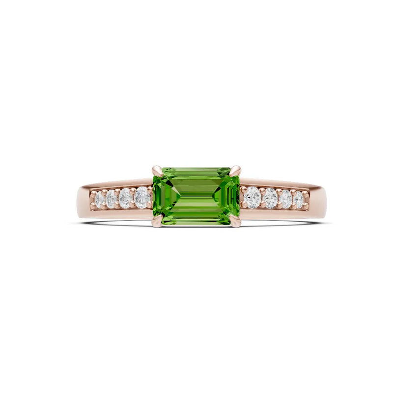 Peridot East West Emerald Cut Gemstone Ring with Accents