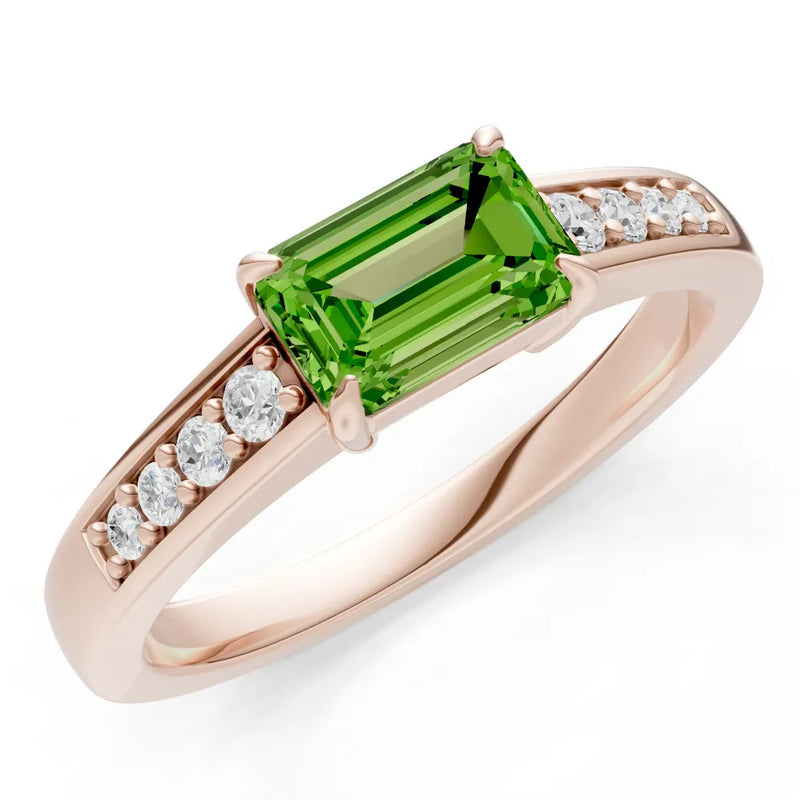 Peridot East West Emerald Cut Gemstone Ring with Accents