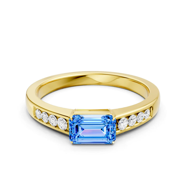 Swiss Blue Topaz East West Emerald Cut Gemstone Ring with Accents
