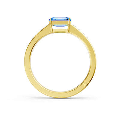 Swiss Blue Topaz East West Emerald Cut Gemstone Ring with Accents