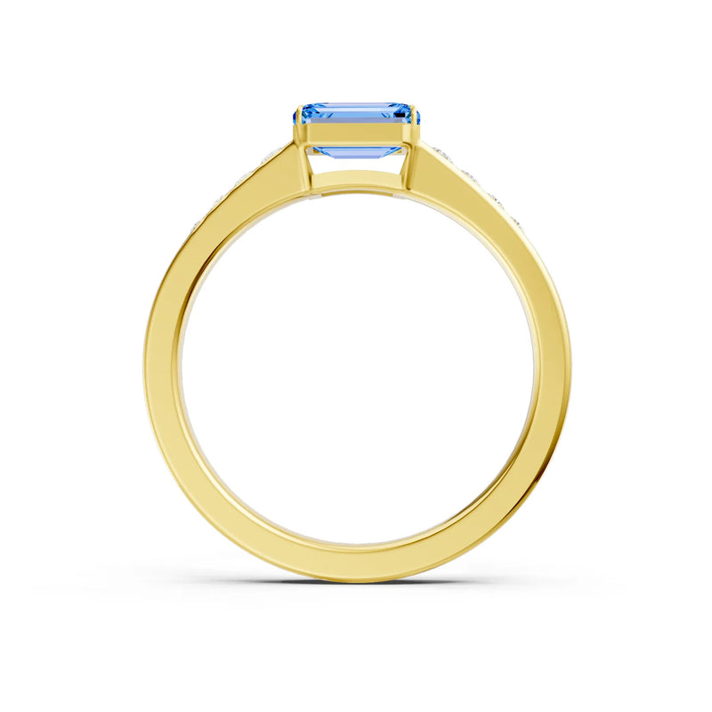 Swiss Blue Topaz East West Emerald Cut Gemstone Ring with Accents