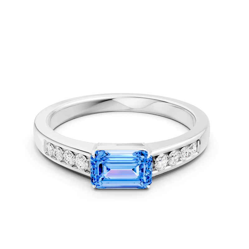 Swiss Blue Topaz East West Emerald Cut Gemstone Ring with Accents