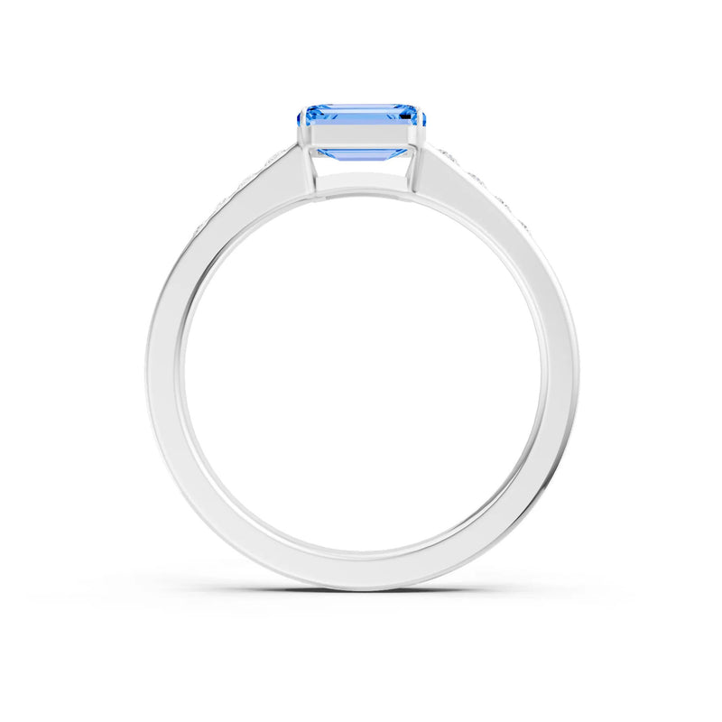 Swiss Blue Topaz East West Emerald Cut Gemstone Ring with Accents