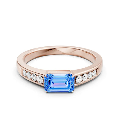 Swiss Blue Topaz East West Emerald Cut Gemstone Ring with Accents