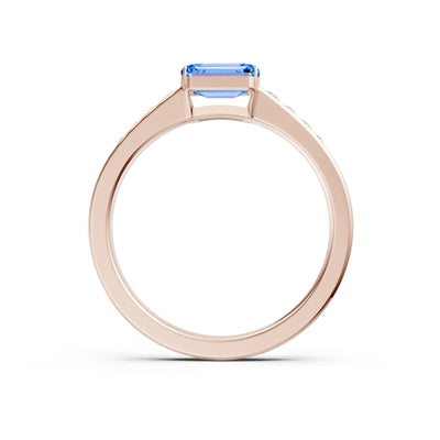 Swiss Blue Topaz East West Emerald Cut Gemstone Ring with Accents