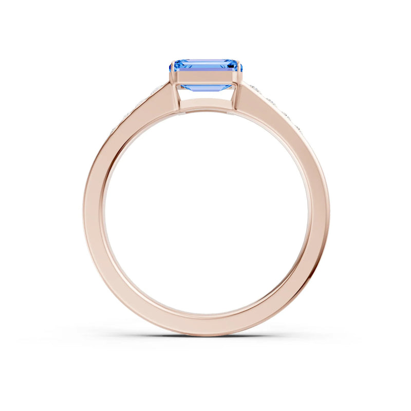 Swiss Blue Topaz East West Emerald Cut Gemstone Ring with Accents