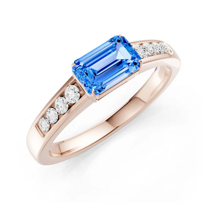 Swiss Blue Topaz East West Emerald Cut Gemstone Ring with Accents