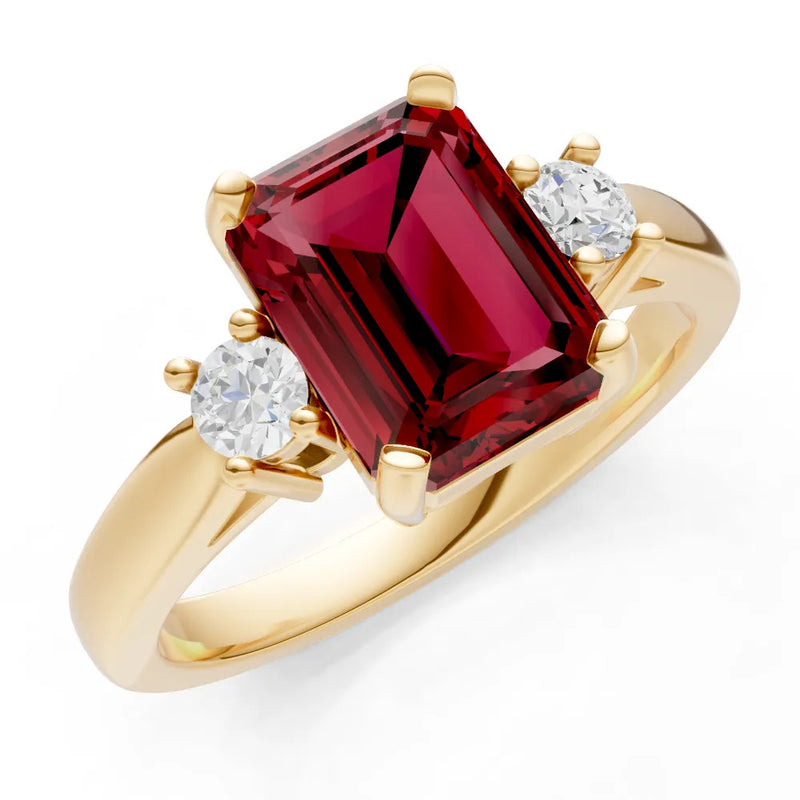 Garnet Three Stone Emerald Cut Engagement Ring With Accent