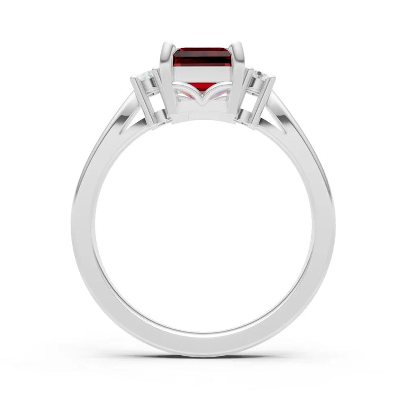 Garnet Three Stone Emerald Cut Engagement Ring With Accent