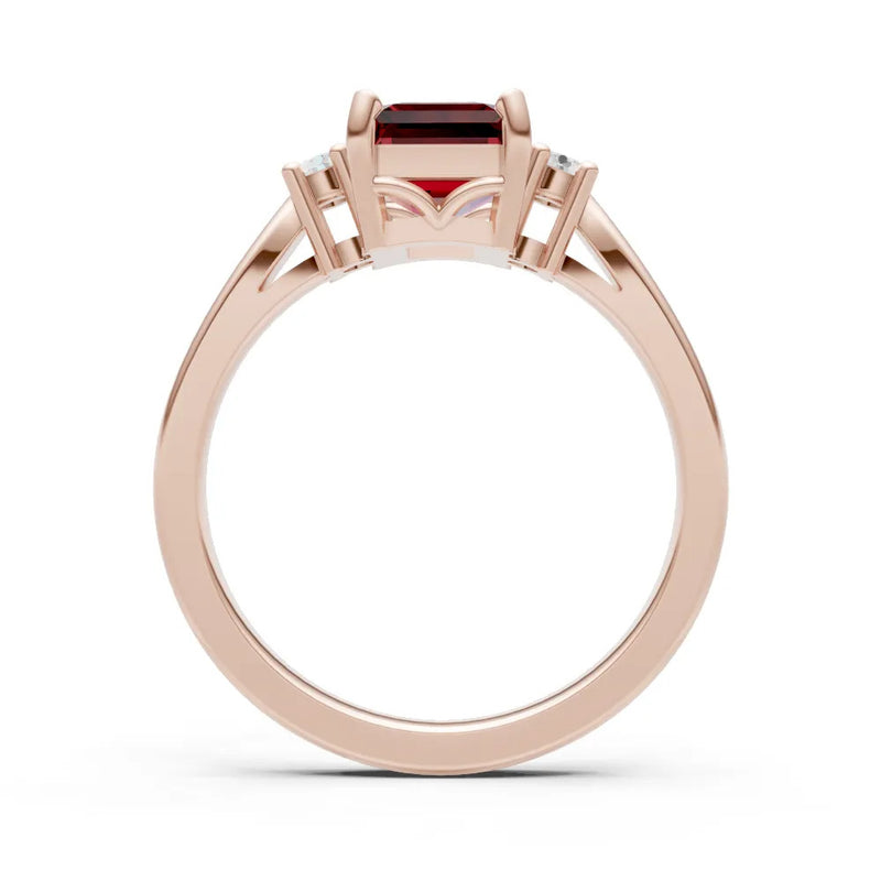 Garnet Three Stone Emerald Cut Engagement Ring With Accent