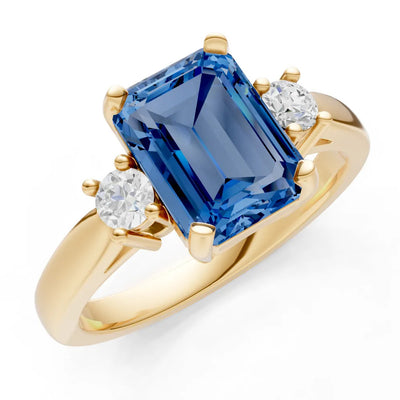 London Blue Topaz Three Stone Emerald Cut Engagement Ring With Accent