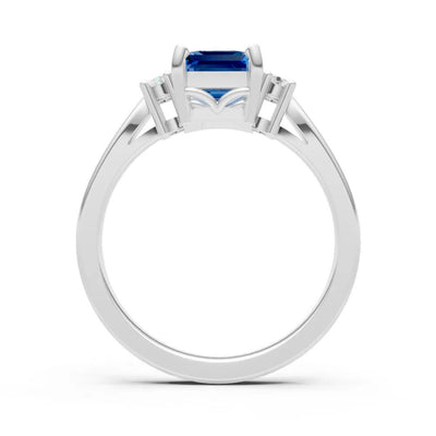London Blue Topaz Three Stone Emerald Cut Engagement Ring With Accent