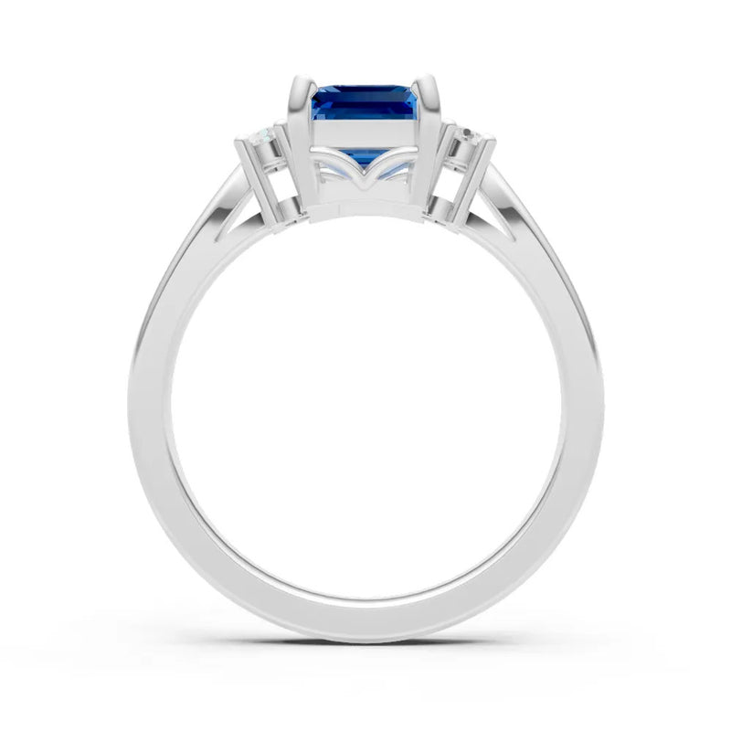 London Blue Topaz Three Stone Emerald Cut Engagement Ring With Accent