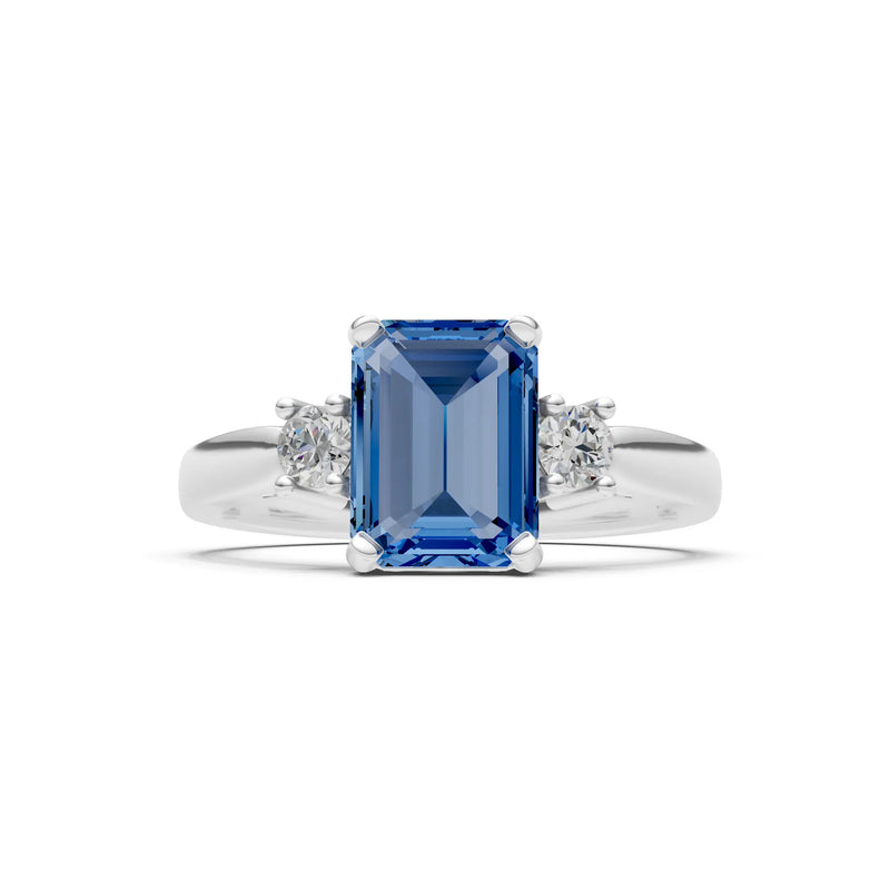 London Blue Topaz Three Stone Emerald Cut Engagement Ring With Accent
