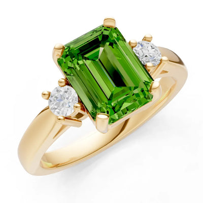 Peridot Three Stone Emerald Cut Engagement Ring With Accent