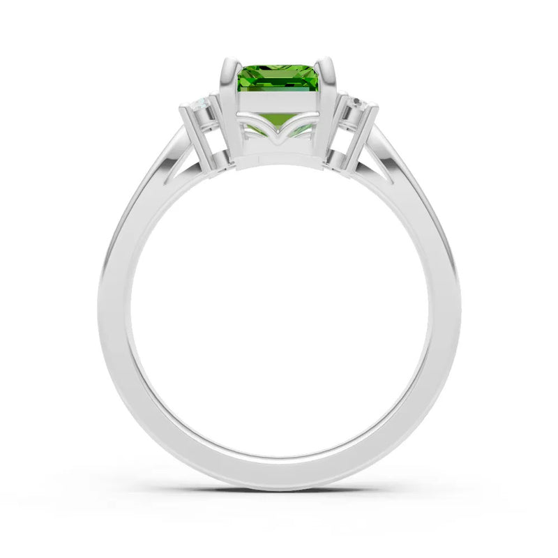 Peridot Three Stone Emerald Cut Engagement Ring With Accent