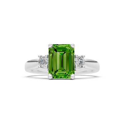 Peridot Three Stone Emerald Cut Engagement Ring With Accent