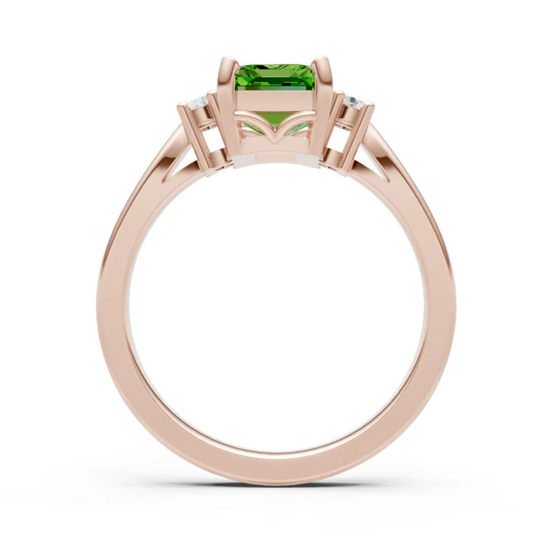 Peridot Three Stone Emerald Cut Engagement Ring With Accent