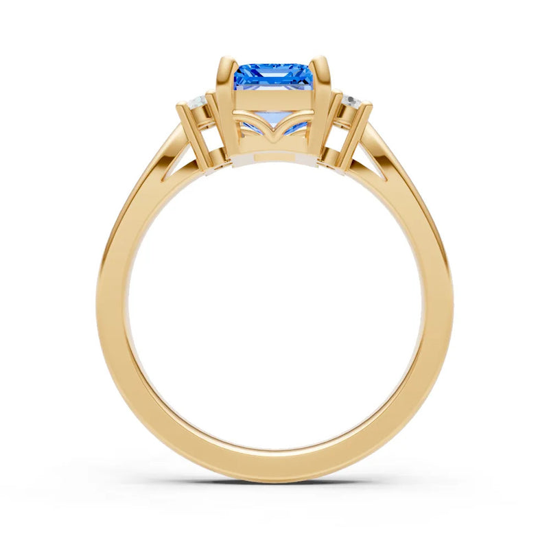 Swiss Blue Topaz Three Stone Emerald Cut Engagement Ring With Accent